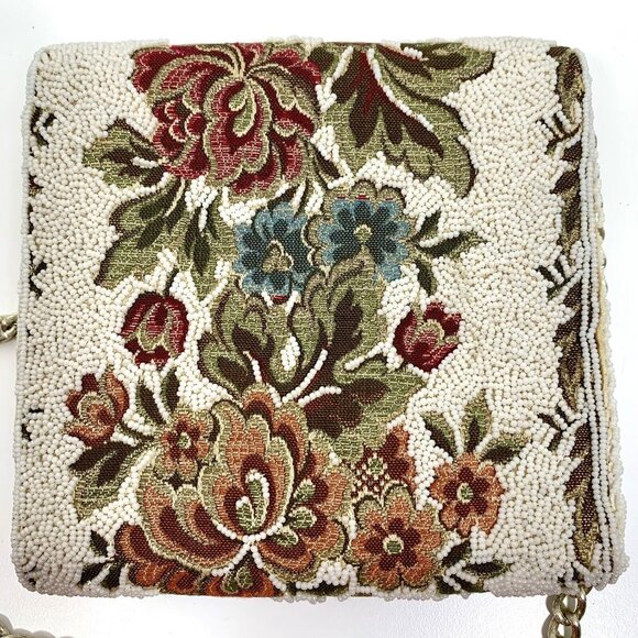 Stunning Embellished White Seed Beaded Tapestry Shoulder Handbag Chain Strap VTG - Picture 11 of 14